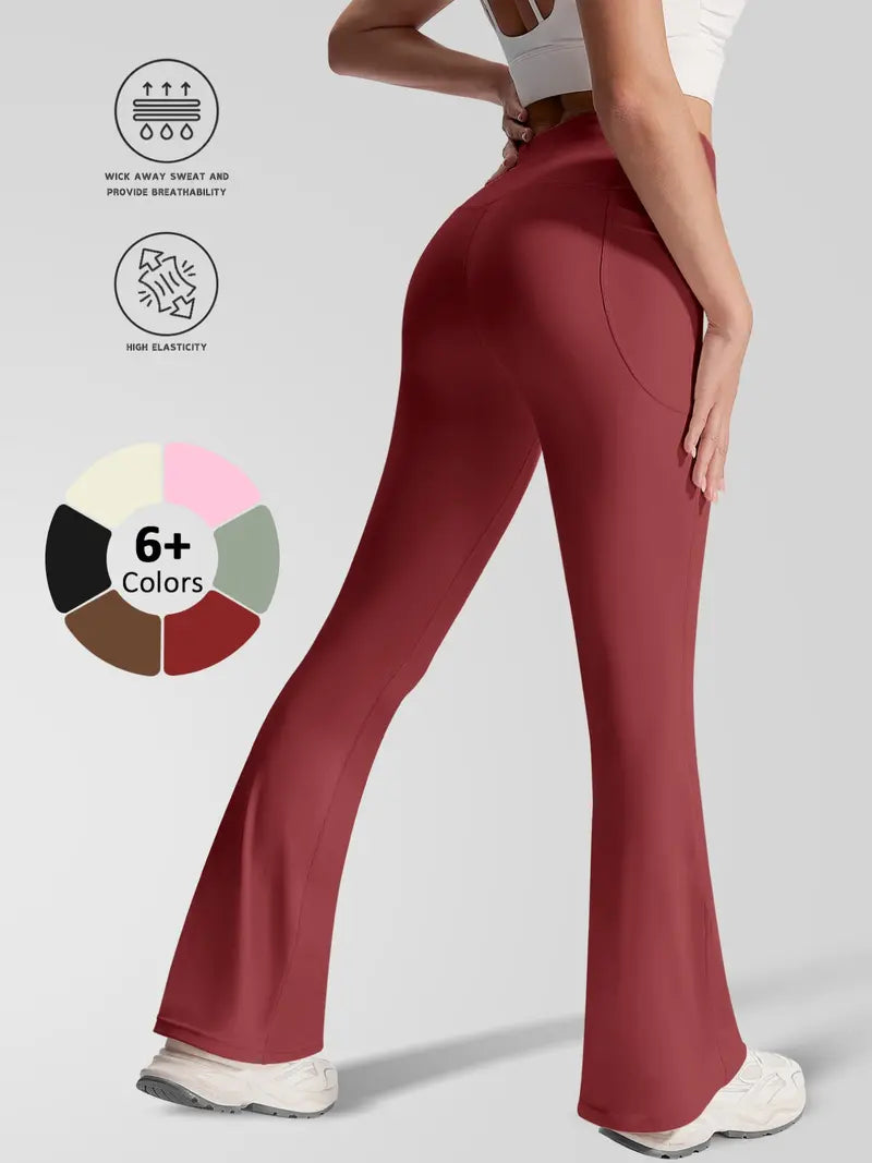 New Sporty Flared Trousers, High Waist Slim-Fit, Breathable Quick-Dry, Side Pockets, Yoga Running Gym Wear, All Seasons, Flared Yoga Bottoms