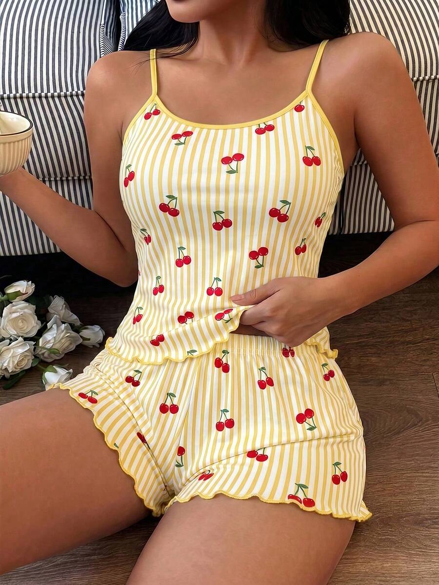 Softscene Women's Striped Cherry Print Camisole & Shorts Pajama Set