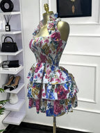 Elegant Women Sweet Sexy Club Party Outfit Dress, Women's Floral Print Backless Strapless Layered Ruffle Mini Prom Dress,Lady Casual Dresses,Female Brunch Dresses,Graduation Dress, Floral Evening Dress