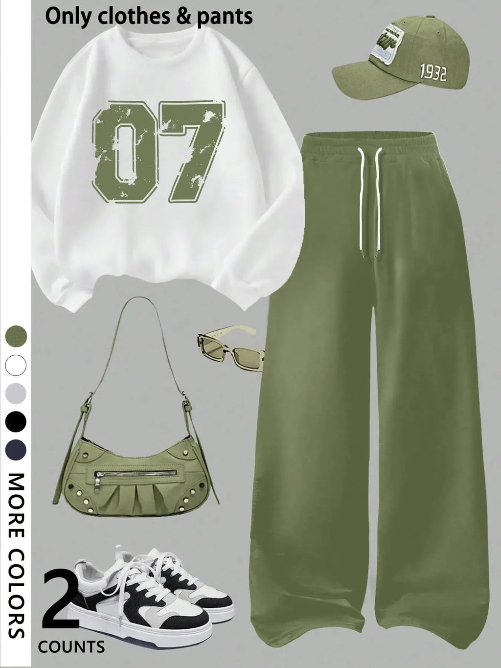 Girls' casual cool Graphic pattern print round neck pullover sweatshirt top and loose casual wide-leg pants, military green fashion dress, suitable for daily and going out