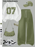 Girls' casual cool Graphic pattern print round neck pullover sweatshirt top and loose casual wide-leg pants, military green fashion dress, suitable for daily and going out