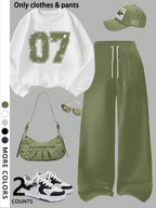 Girls' casual cool Graphic pattern print round neck pullover sweatshirt top and loose casual wide-leg pants, military green fashion dress, suitable for daily and going out