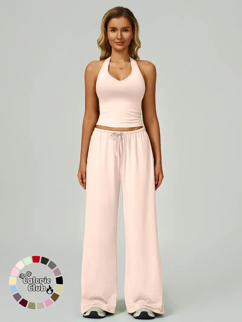 Women's Solid Crop Tank Top & Wide Leg Pants Set