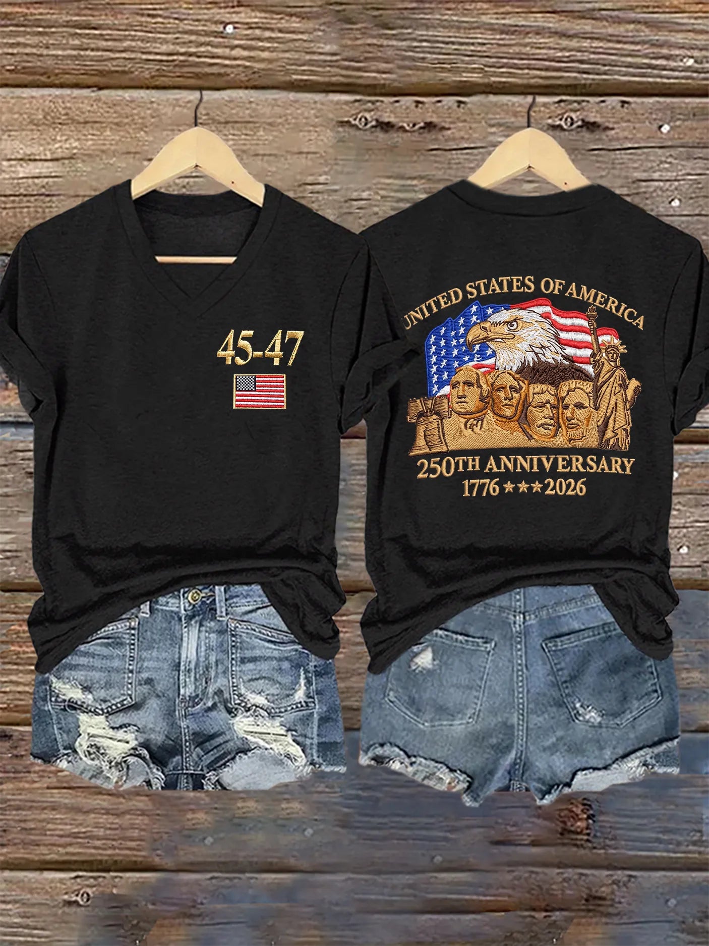 V-Neck Retro United States Of America 250th Anniversary Print T-Shirt