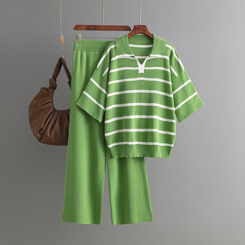 Stylish Striped Top & Solid Color Wide Leg Pants Two-Piece Set