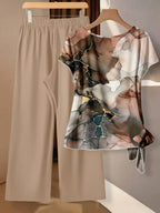 Women's Aqua Blue Summer Casual Vacation Holiday 2 Pieces Set,Abstract Floral Pattern Shirt With Tie Bow & Loose Straight Leg Pants,Vintage Style