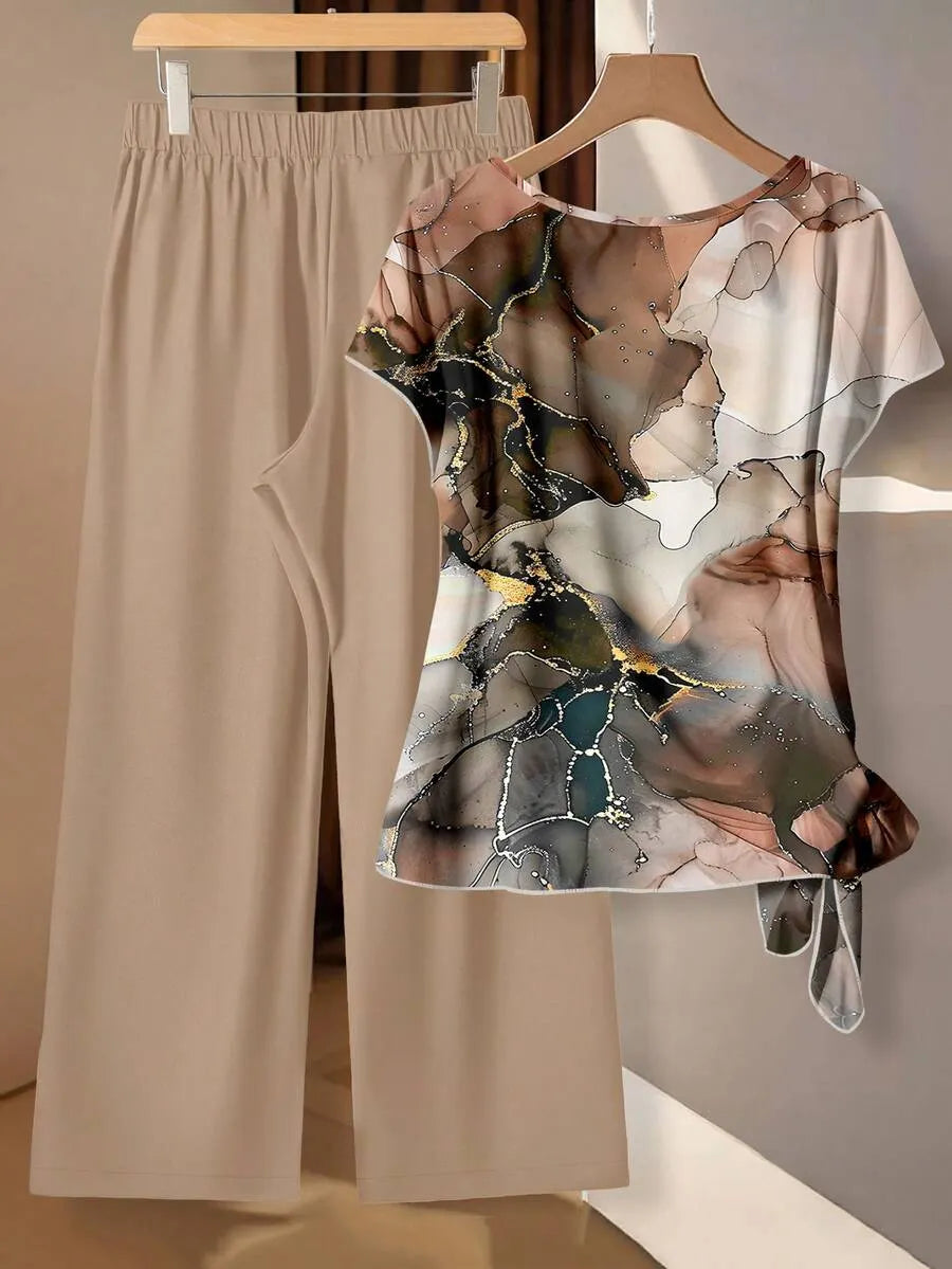 Women's Aqua Blue Summer Casual Vacation Holiday 2 Pieces Set,Abstract Floral Pattern Shirt With Tie Bow & Loose Straight Leg Pants,Vintage Style