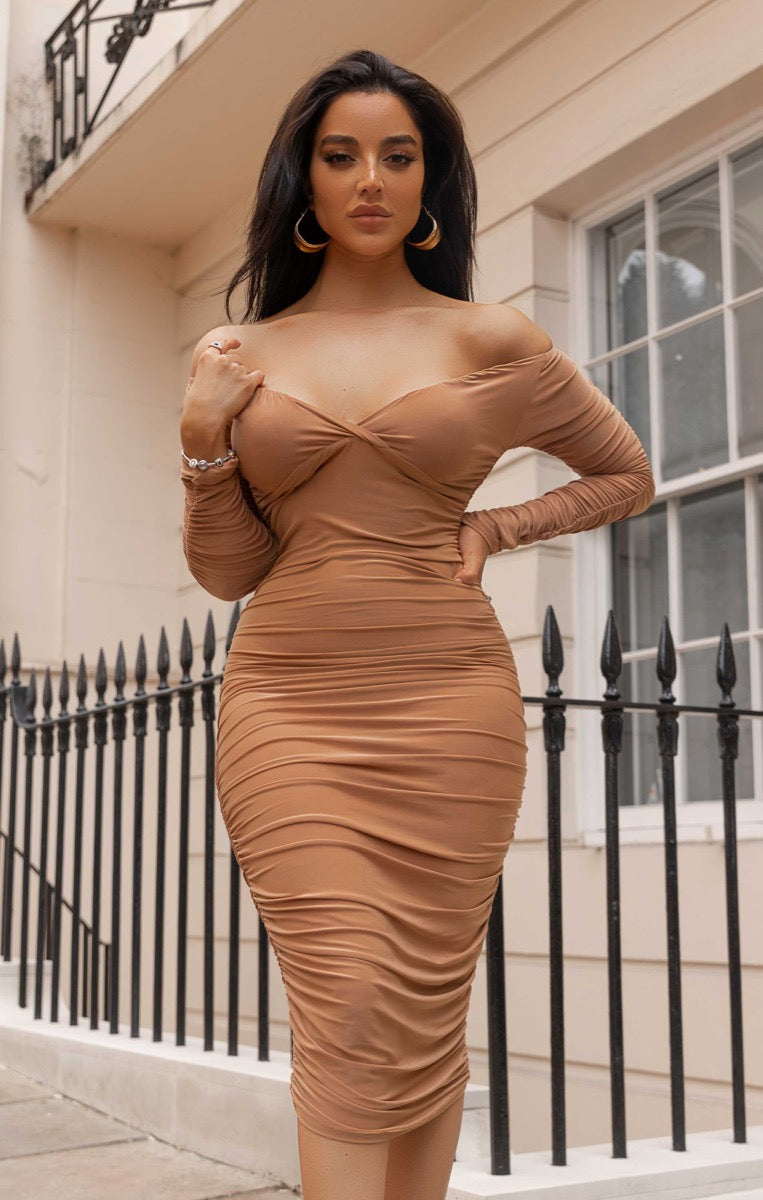 Ruched Bardot Long Sleeve Bodycon Mini Dress