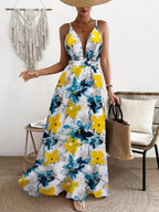 Women's All Over Print Deep V Neck Sleeveless Backless Cami Maxi Dress, Beachwear Dress, Elegant Adjustable Strap Criss Cross A Line Dress for Beach Holiday Vacation, Ladies Summer Clothes
