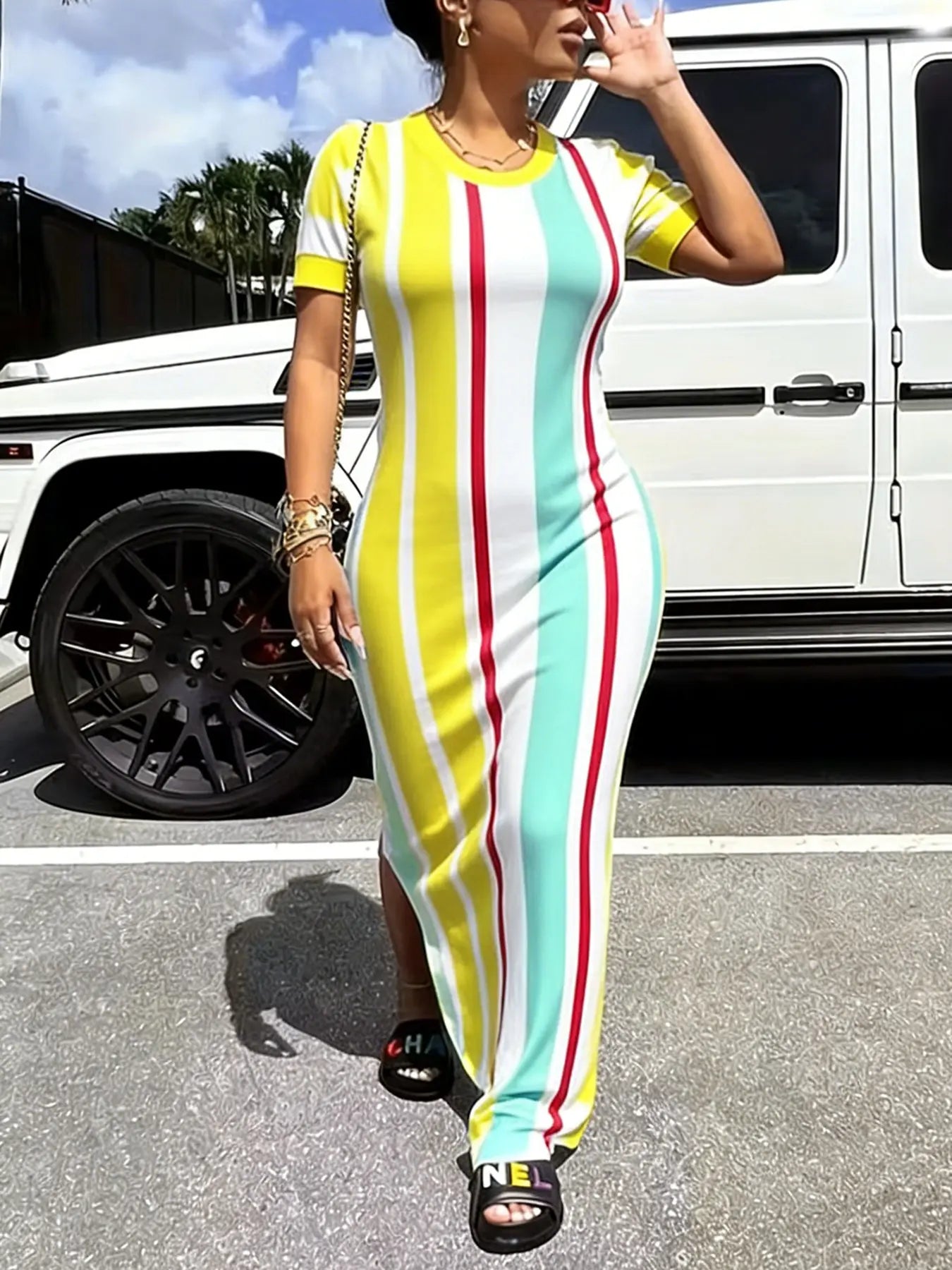 European Women's Summer New Fashion Chic Casual Striped Long Dress, Sleeveless Fitted Floral Pattern, Trendy Ladies' Clothing