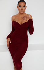 Ruched Bardot Long Sleeve Bodycon Mini Dress
