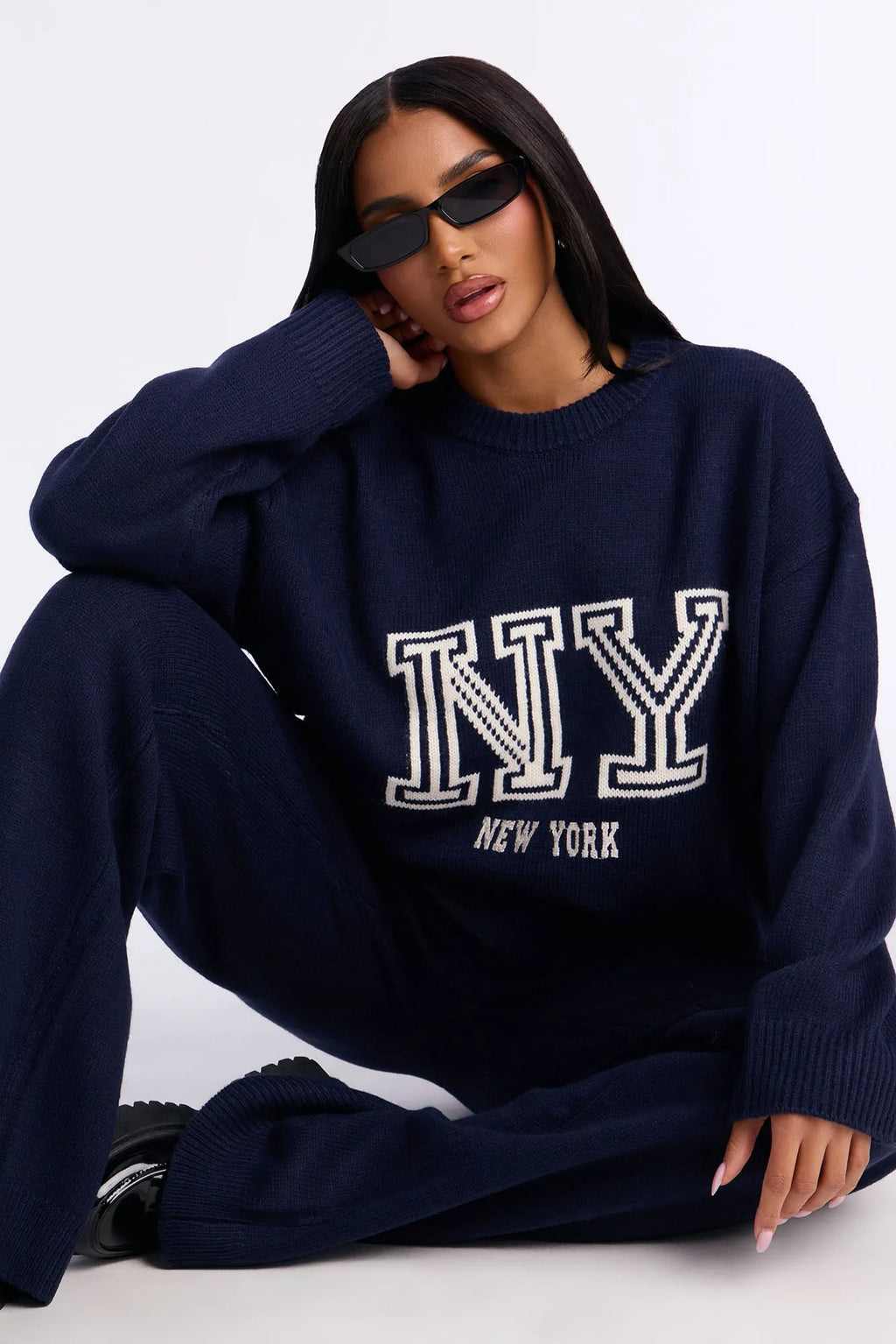 New York Prep Crew Neck Sweater Pant Set - Navy