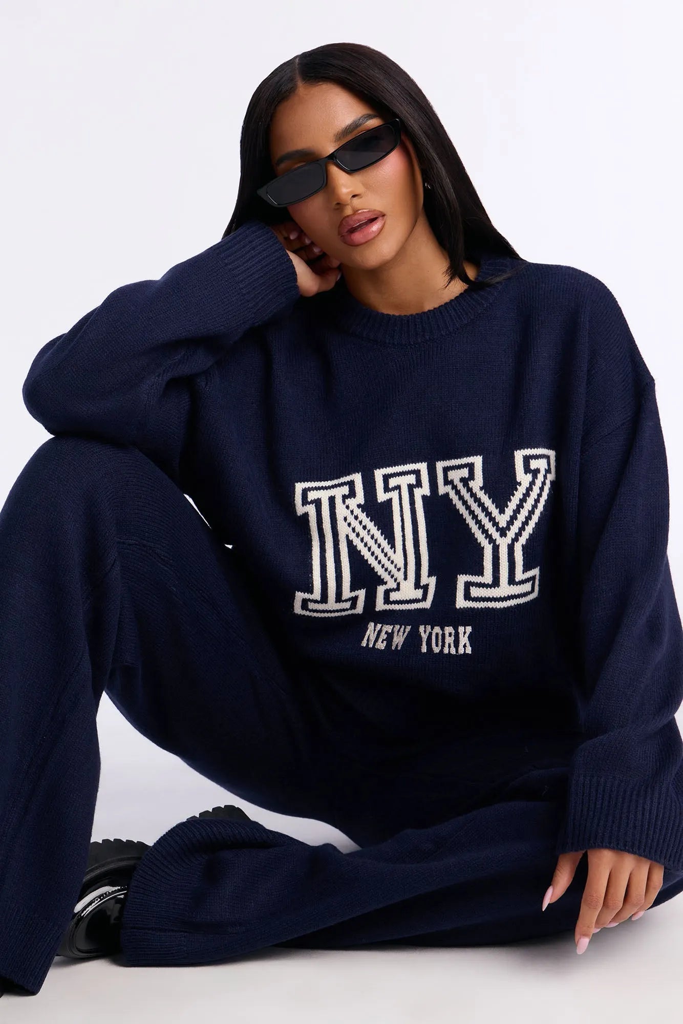 New York Prep Crew Neck Sweater Pant Set - Navy