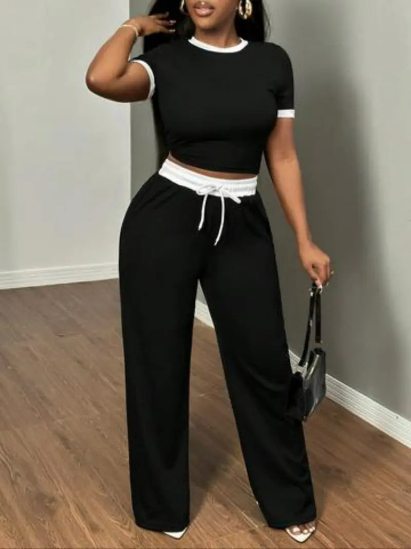Women's New Casual Color-Blocked Round Neck Short Sleeve Two-Piece Set