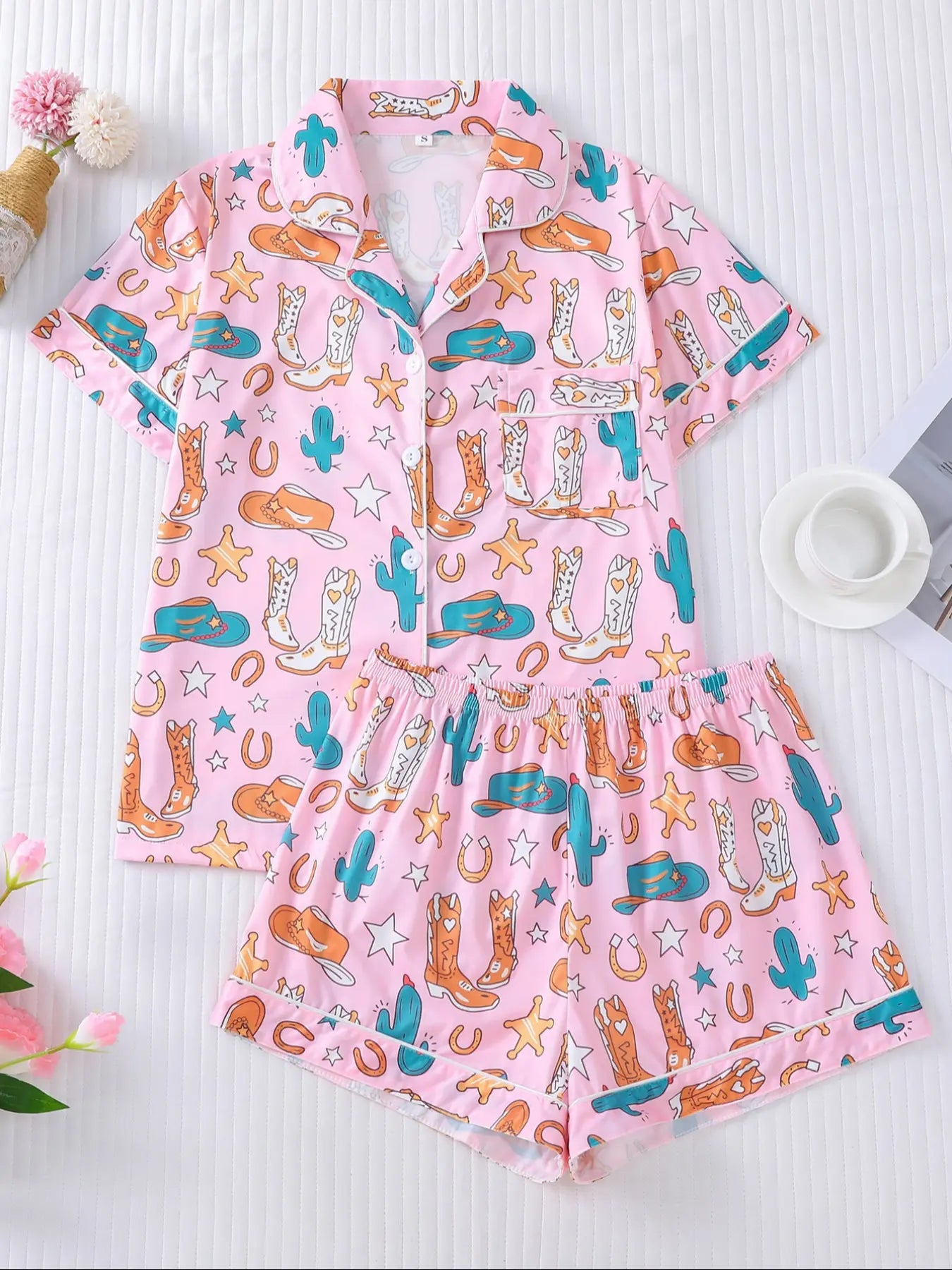 Women's All Over Cowboy Print Lapel Neck Button Front Pajama