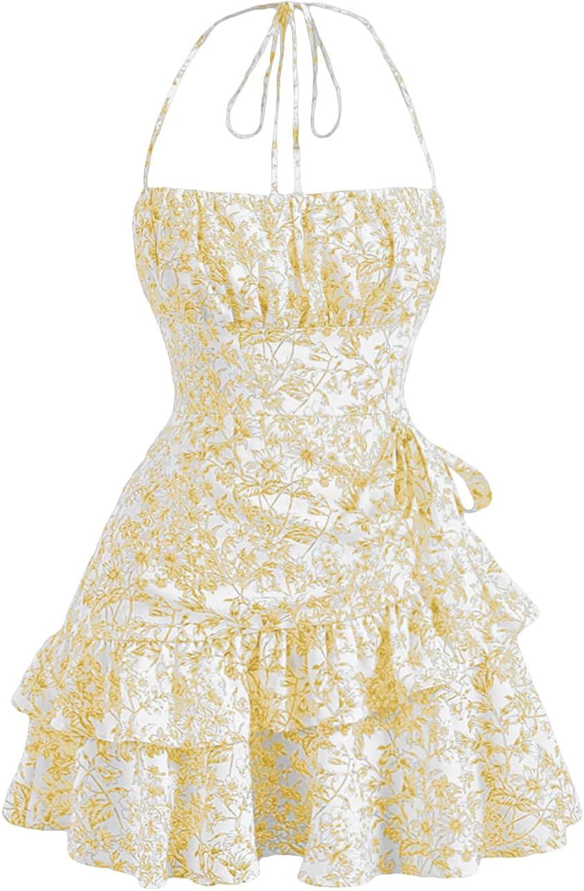 Floerns Women's Floral Halter Ruffle Tiered Cute Summer Mini Dress Milkmaid Vacation Sundress