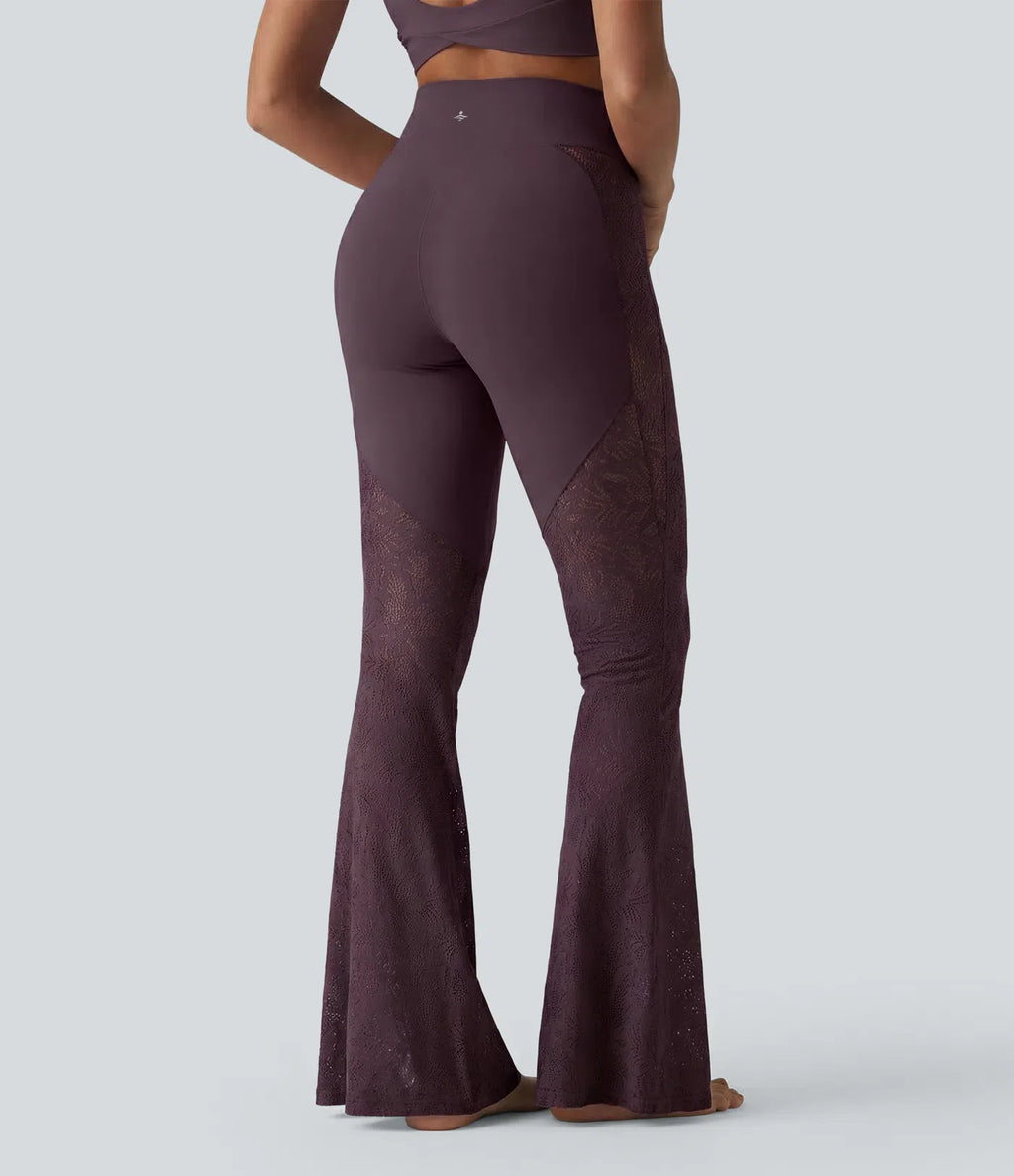 UltraSculptTM High Waisted Tummy Control Contrast Lace Yoga Flare Leggings with Pocket
