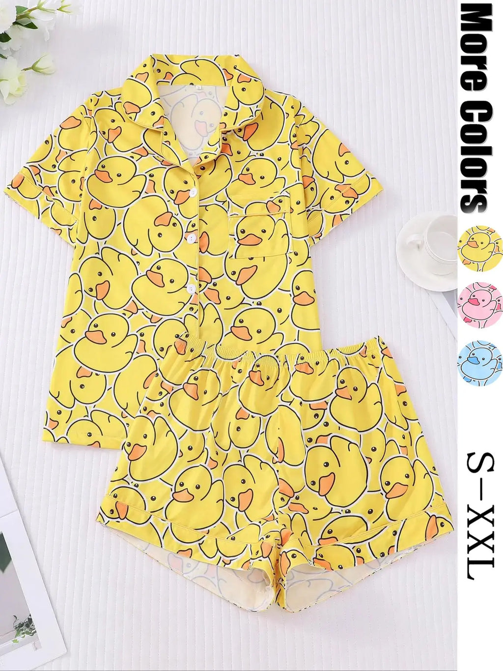 Women's Duck Print Shirt & Elastic Waist Shorts Pajama Two-piece Set