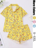 Women's Duck Print Shirt & Elastic Waist Shorts Pajama Two-piece Set