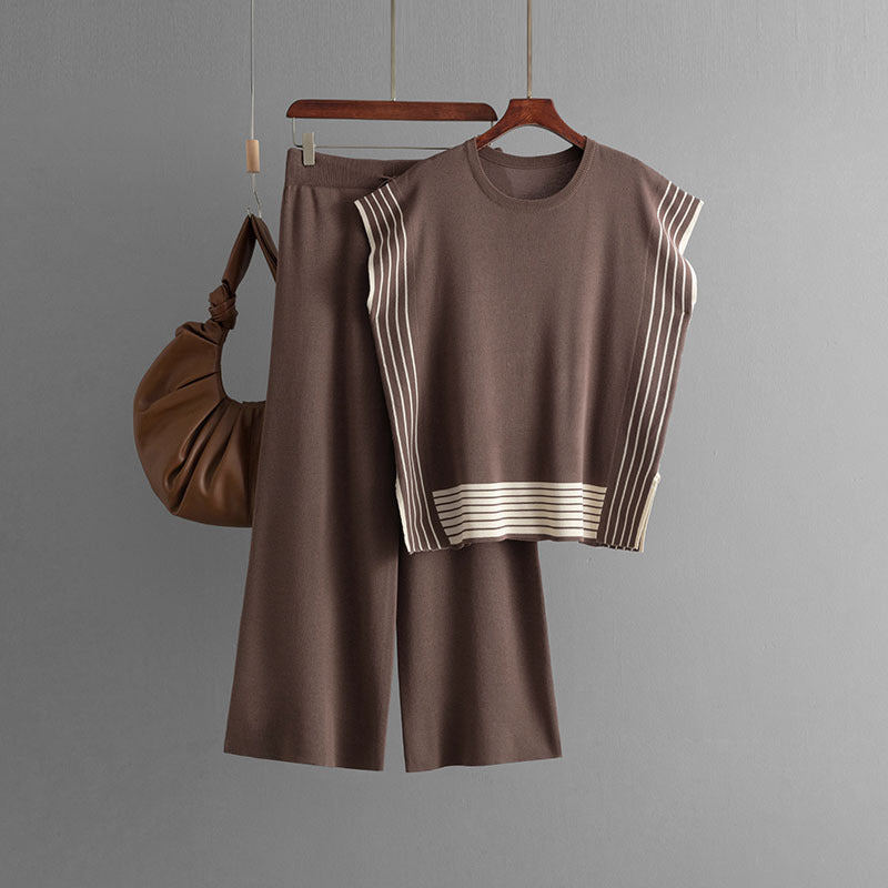 Stylish Striped Patchwork Solid Color Sleeveless Top & High Waist Pants Two-Piece Set
