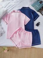 LuxeNights 4pcs/Set Faux Silk Lapel Cardigan & Shorts Pajama Set