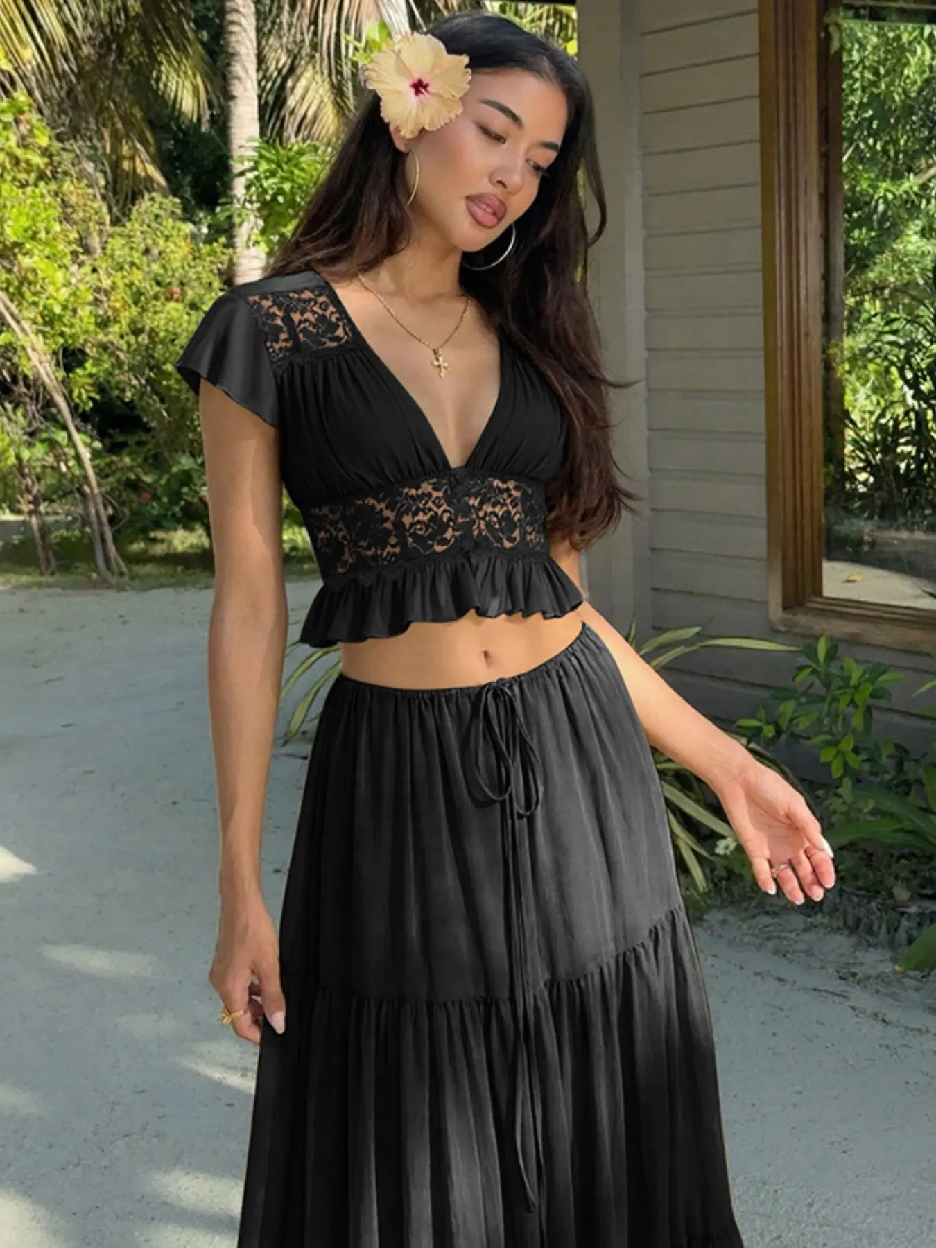 Women Summer Short Sleeve V Neck Tops Long Skirt Beach Vacation Chiffon Two Piece Set Outfit