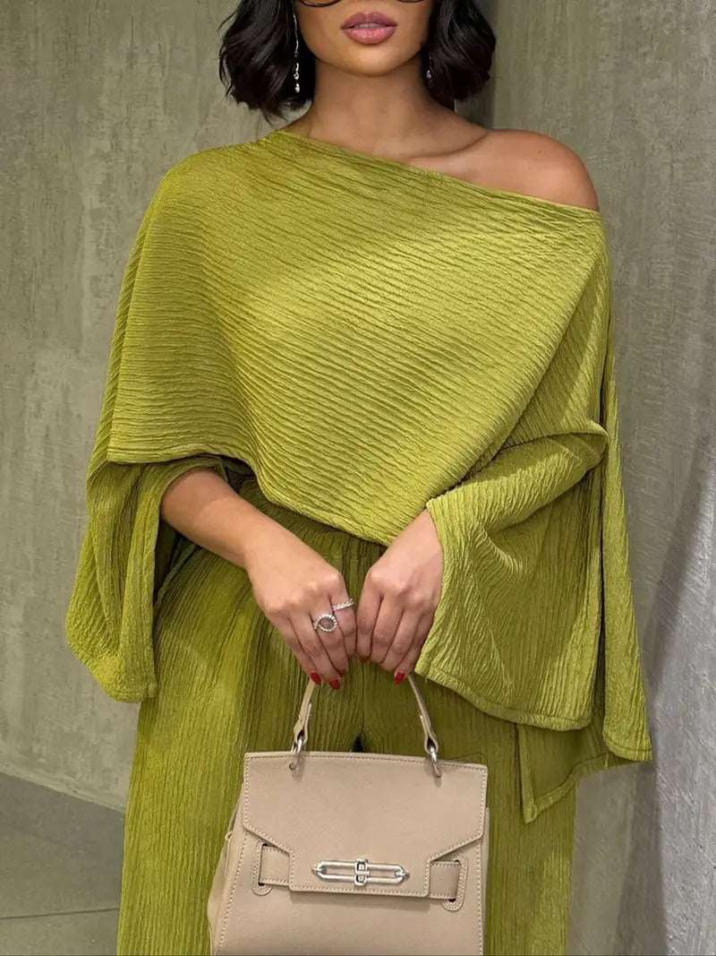 Two-Piece Set Women's Solid Color Knit Top & Elastic Waist Pants