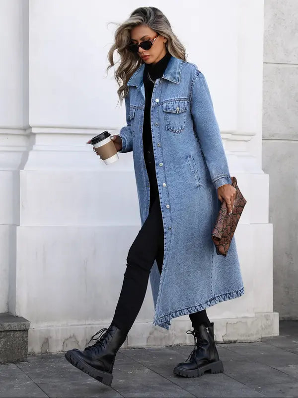 Women's Button Front Denim Coat, Elegant Casual Long Sleeve Denim Jacket for Spring & Fall, Women's Clothing for Daily Wear, Outerwear