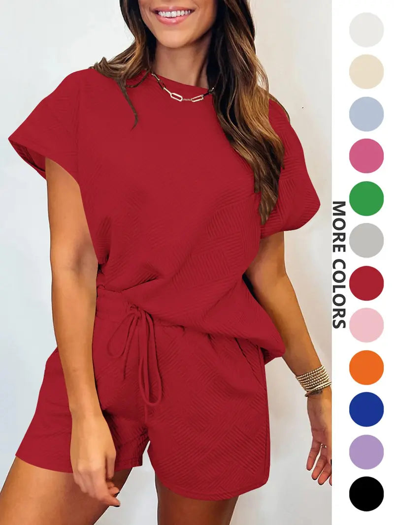 Two-Piece Set Women's Solid Soft Textured Knit Batwing Sleeve T-shirt & Drawstring Waist Shorts Set, Casual Style Round Neck Short Sleeve Top & Pocket Design Shorts for Summer, Ladies Clothes for Everyday Wear, Womenswear, Fit