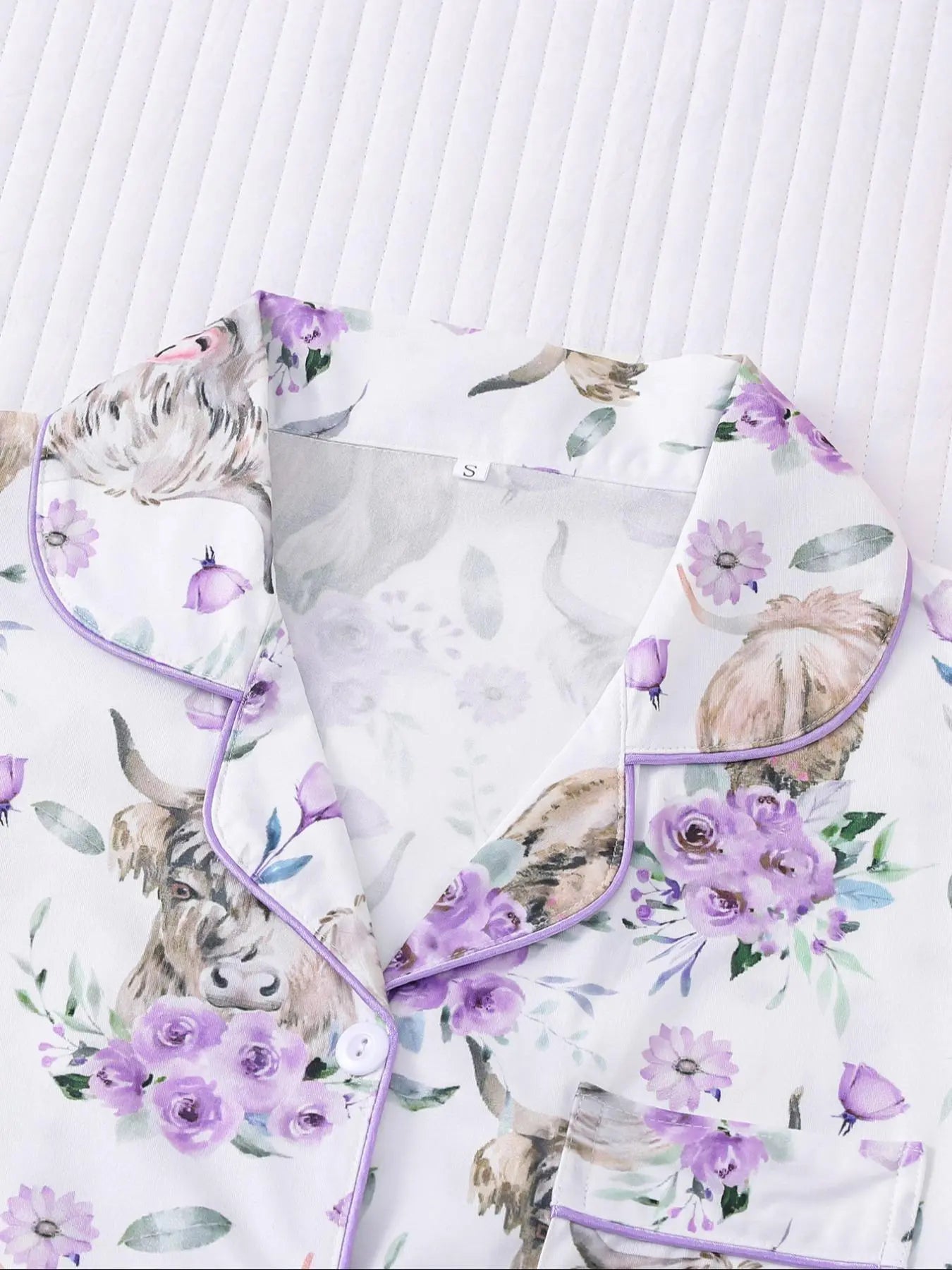 Women's All-Over Cow-Print Contrast-Trim Shirt & Elastic-Waist Shorts Pajama Loungewear Set, Casual Comfy Short Sleeve Collared Top & Shorts PJ Two-Piece Set