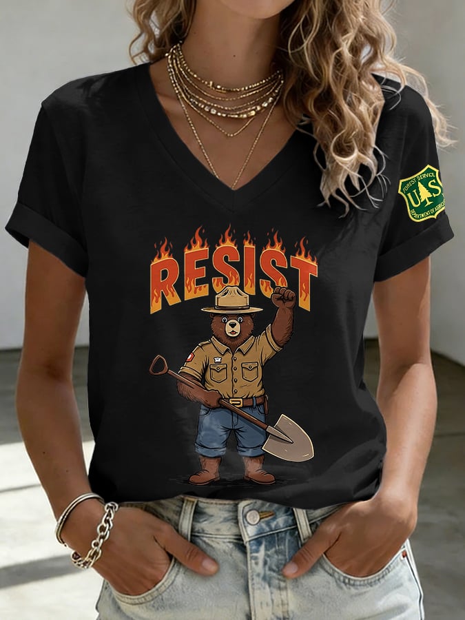 V-Neck Retro Resist Save The Forest Service Print T-Shirt