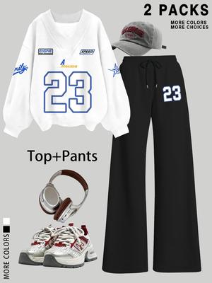 Women's V Neck Sweater Pants Set, Fashionable Digital Bowknot Print, Straight Leg Elastic Waist, Casual Long Sleeve Pullover