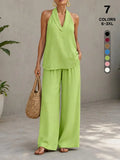Comfy Chic Women's Summer Faux Linen Halter V-Neck Top & High Waist Wide Leg Pants Set - Breathable Everyday Urban Lounge Wear for Going Out