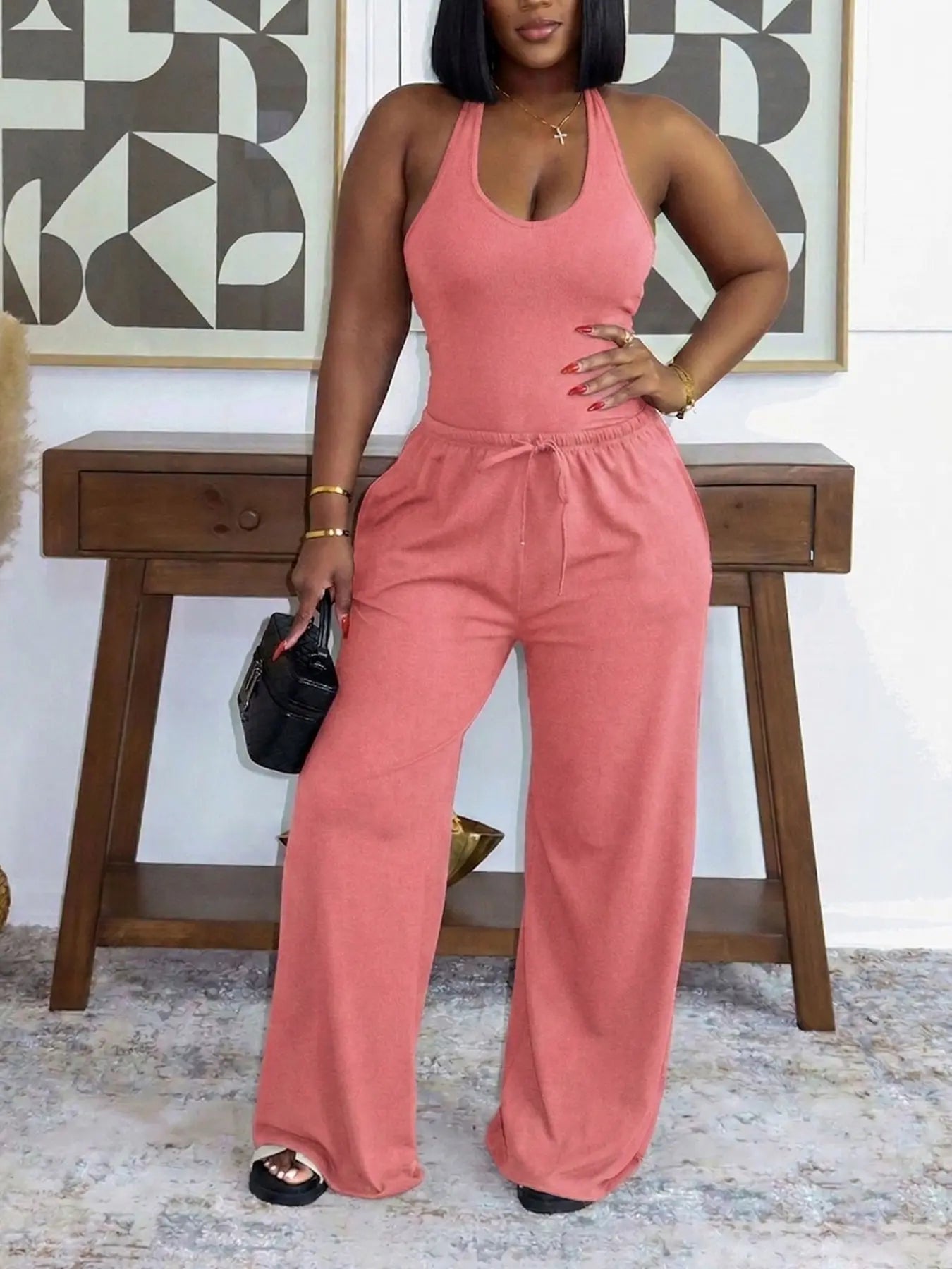 Summer Women's Halter Neck Slimming Top & Wide-Leg Pants
