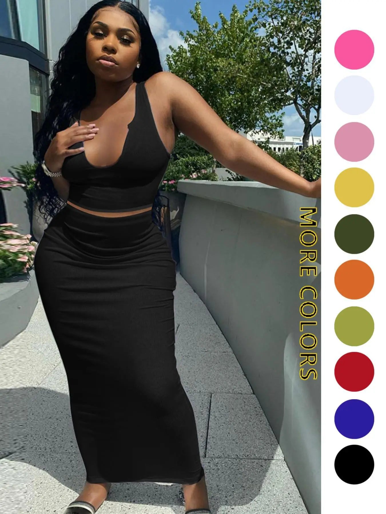 Two-piece Set Women's Solid Notched Neck Crop Tank Top & High Waist Bodycon Skirt Set, Casual Slim Sleeveless Top & Long Skirt, Ladies Summer Clothes for Daily Wear, Outfit Sets Women, Summer Outfits Set