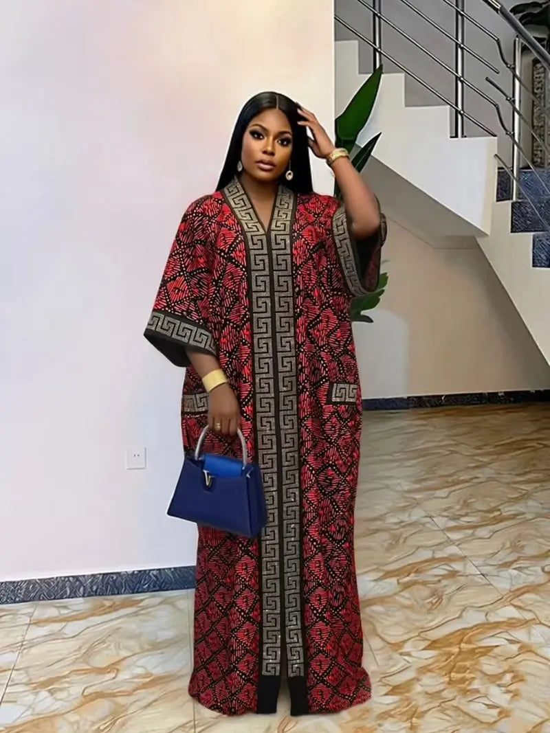 Plus Size African-Style Kaftan Dress for Women, Geometric Print Ethnic Loose V-Neck Boubou with Pockets for Casual Boho Chic Party Wear, Comfortable and Stylish