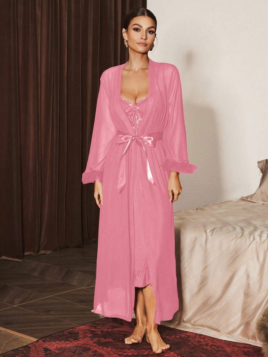 Slumberist 2pcs/Set Fishbone Design Waist Lace Camisole Nightgown + Floral Trim Wide Sleeve Mesh Robe