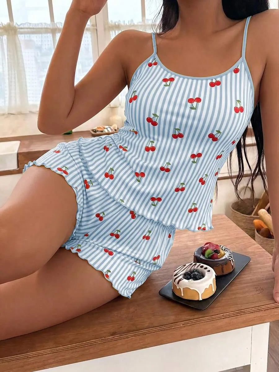 Softscene Women's Striped Cherry Print Camisole & Shorts Pajama Set