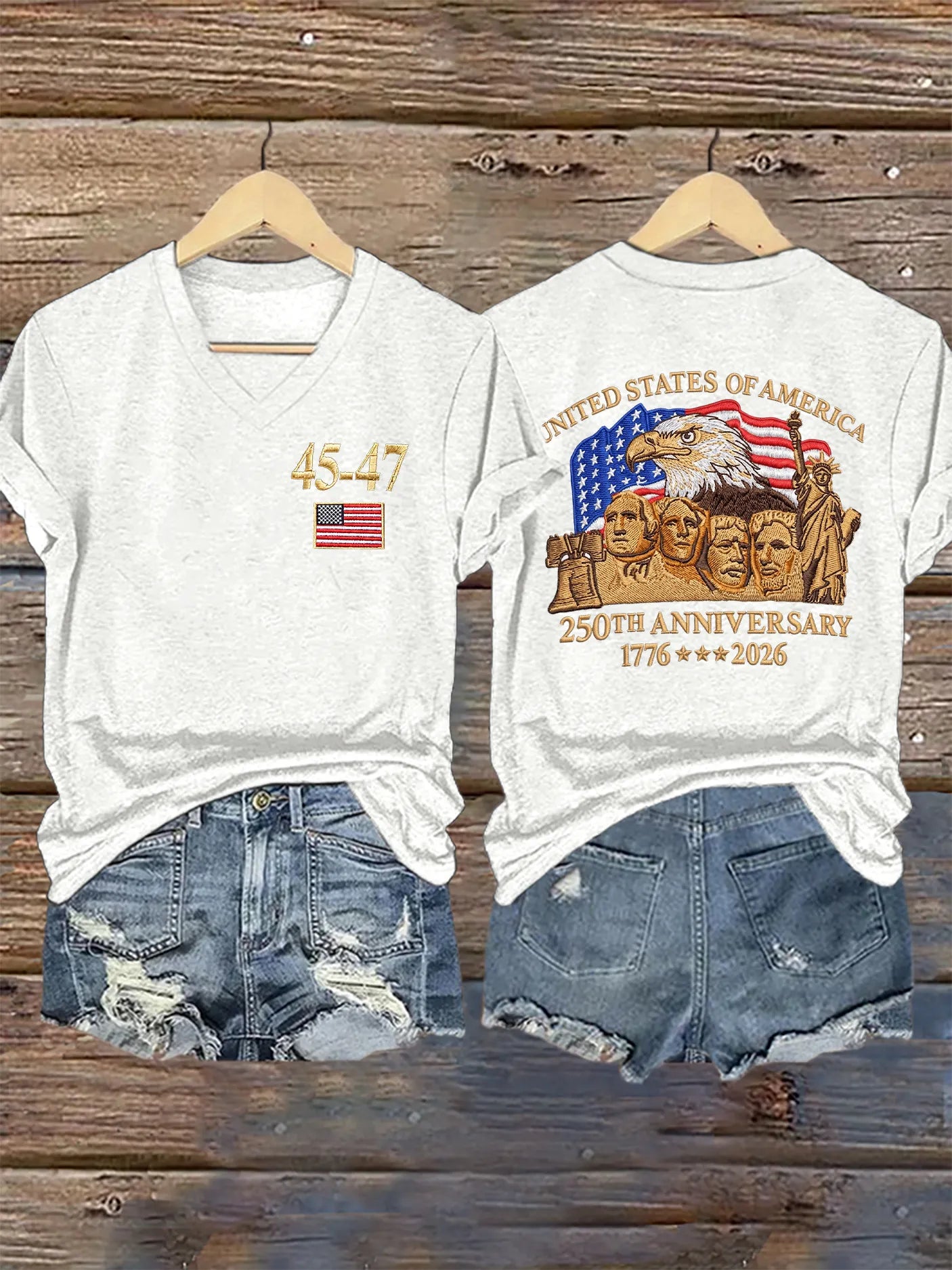 V-Neck Retro United States Of America 250th Anniversary Print T-Shirt