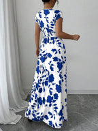 Elenzga Women V-Neck Allover Print Casual Long Dress