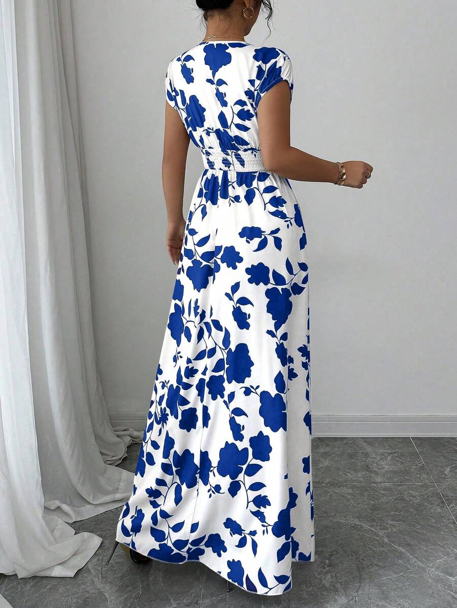 Elenzga Women V-Neck Allover Print Casual Long Dress