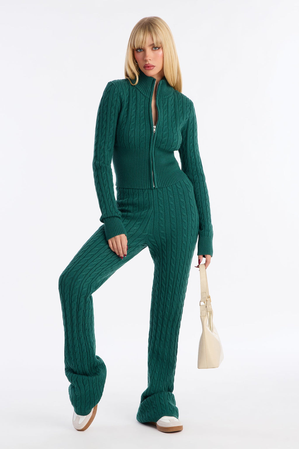 Caroline Mock Neck Cable Sweater Pant Set - Heather Grey