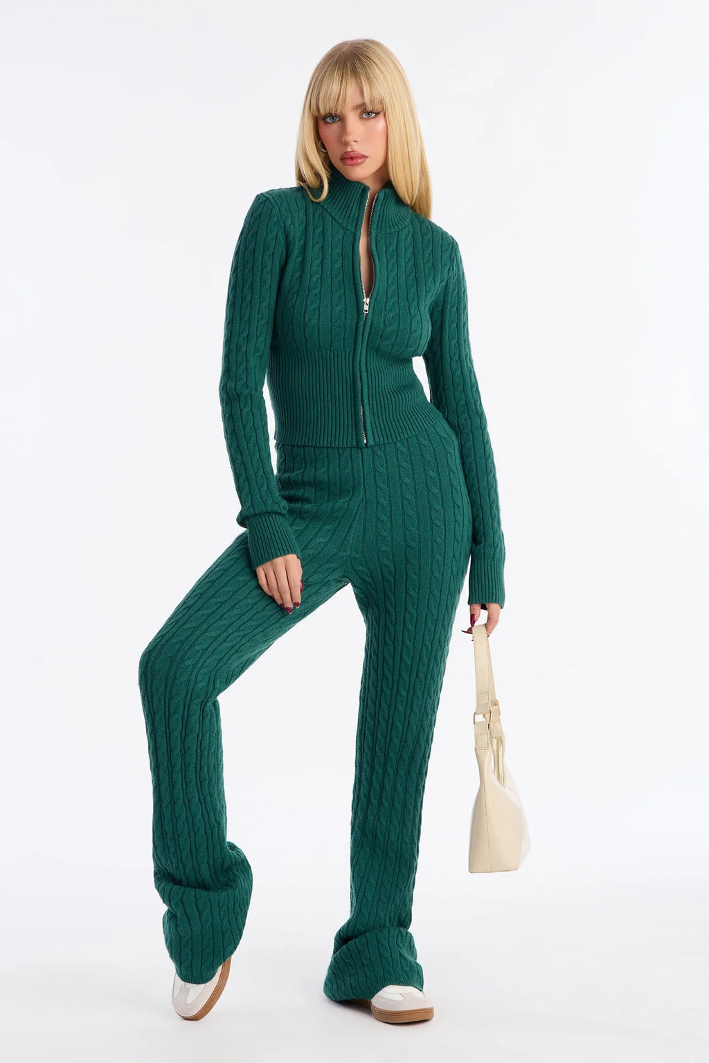 Caroline Mock Neck Cable Sweater Pant Set - Heather Grey