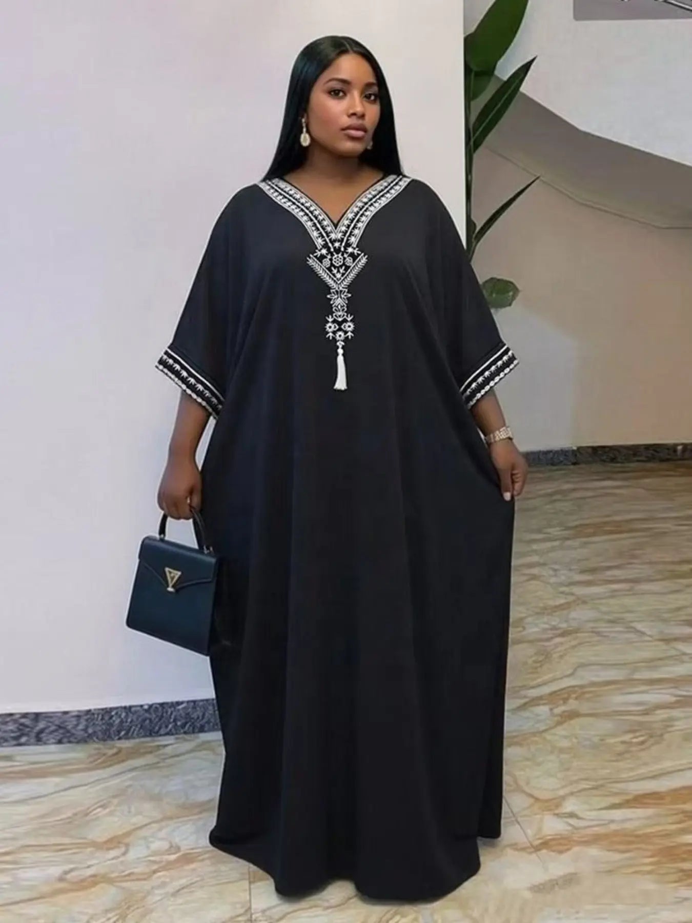 Women's Summer Solid Color Embroidered Fringe Caftan Casual Dress with Pockets and Side Slit