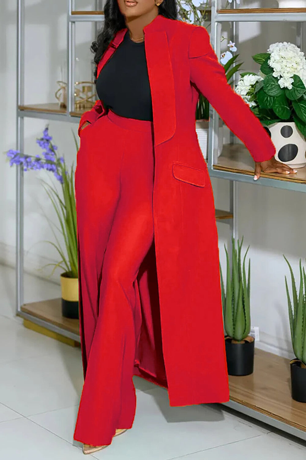 Turndown Collar Solid Color Long Blazer High Waist Pants 2pcs Set-Green
