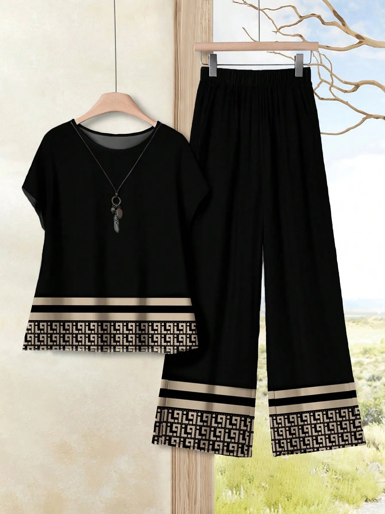 Women's Navy Blue Floral Summer Boho Casual Vacation Holiday 2 Pieces Outfits Plants-Pattern Pants And Round Neck Batwing Sleeve Blouse Woven Set