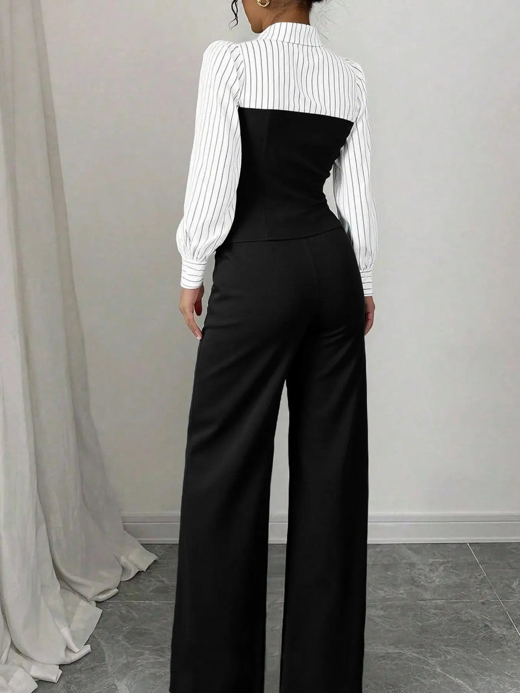 Women's Long Sleeve Colorblock Patchwork Shirt Set, Slimming Waist Design, Straight Leg Pants, Casual Fashion, Chic, Style, 2 Piece Set, Womenswear