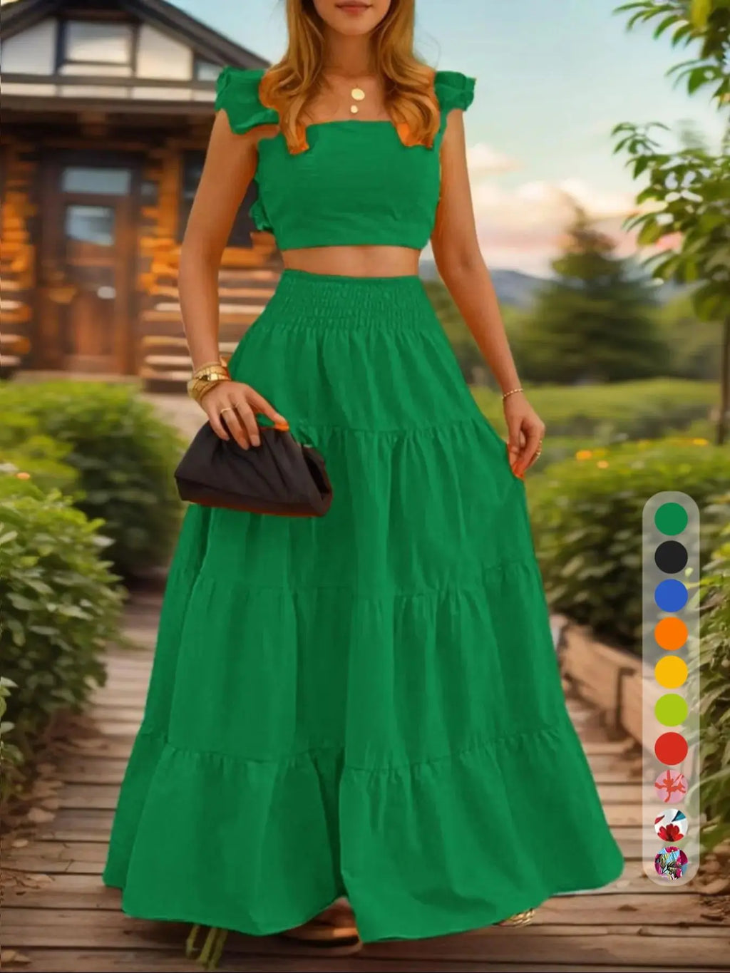 Women's Solid Color / Floral Print Shirred Top & Long Skirt Two-piece Set, Boho Fashion Casual Top & Skirt for Daily Holiday Vacation Wear, Ladies for Summer