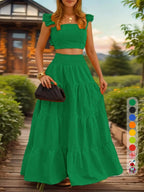 Women's Solid Color / Floral Print Shirred Top & Long Skirt Two-piece Set, Boho Fashion Casual Top & Skirt for Daily Holiday Vacation Wear, Ladies for Summer