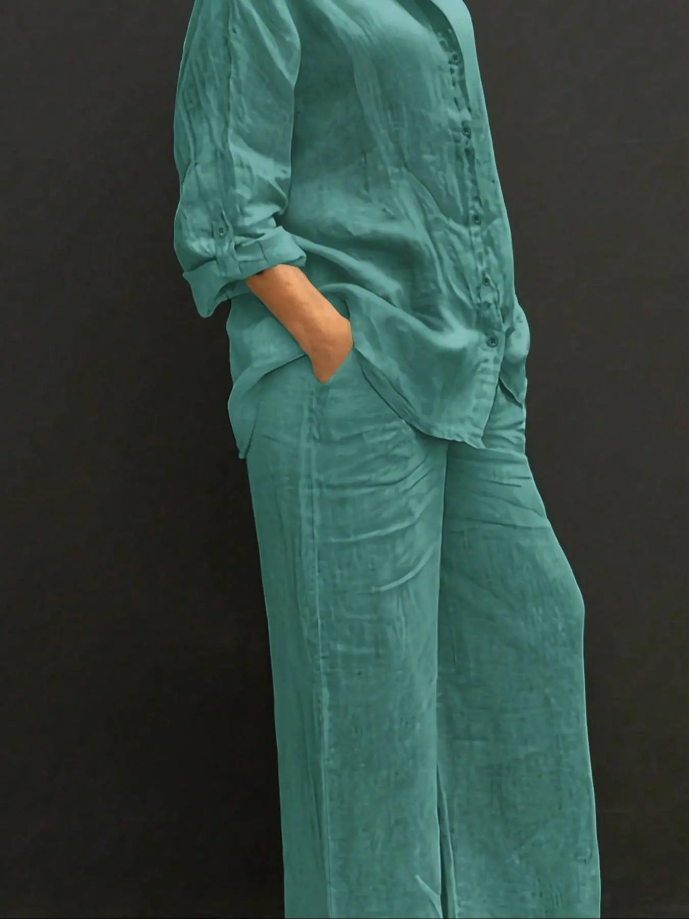 Women's Solid Color Long Sleeve Shirt & Wide Leg Pants Set